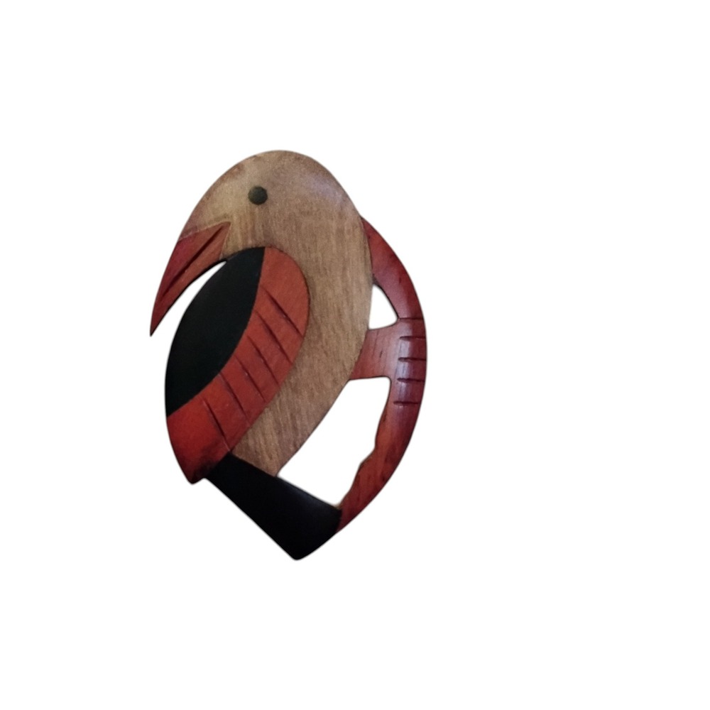 Vintage Handcrafted Wooden Toucan Bird Brooch Pin Retro 70s 80s Tropical Art